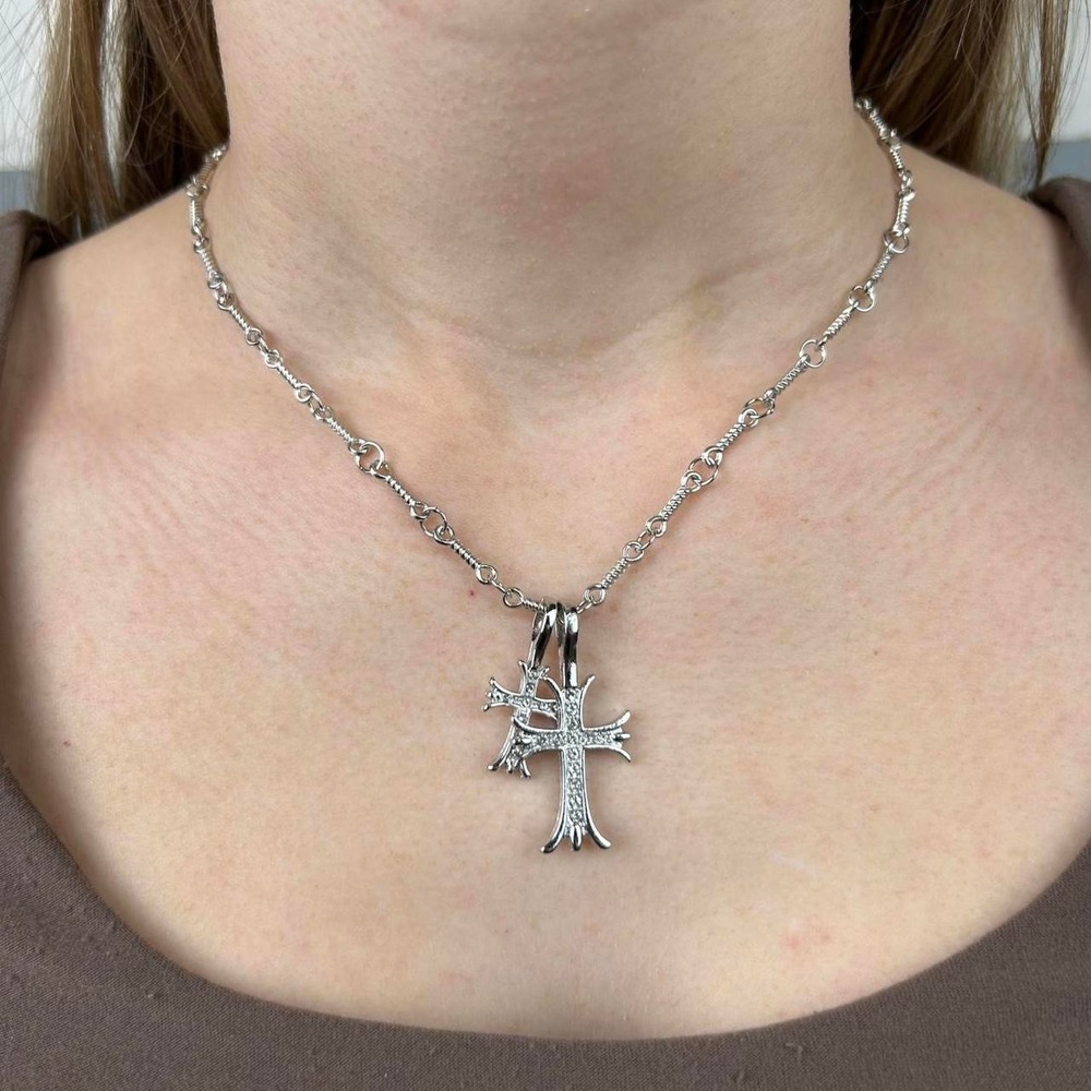Vintage Y2K silver double cross opium style necklace diamond chain